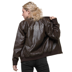 Moonflower Embroidered Unisex Leather Bomber Jacket | Threadfast